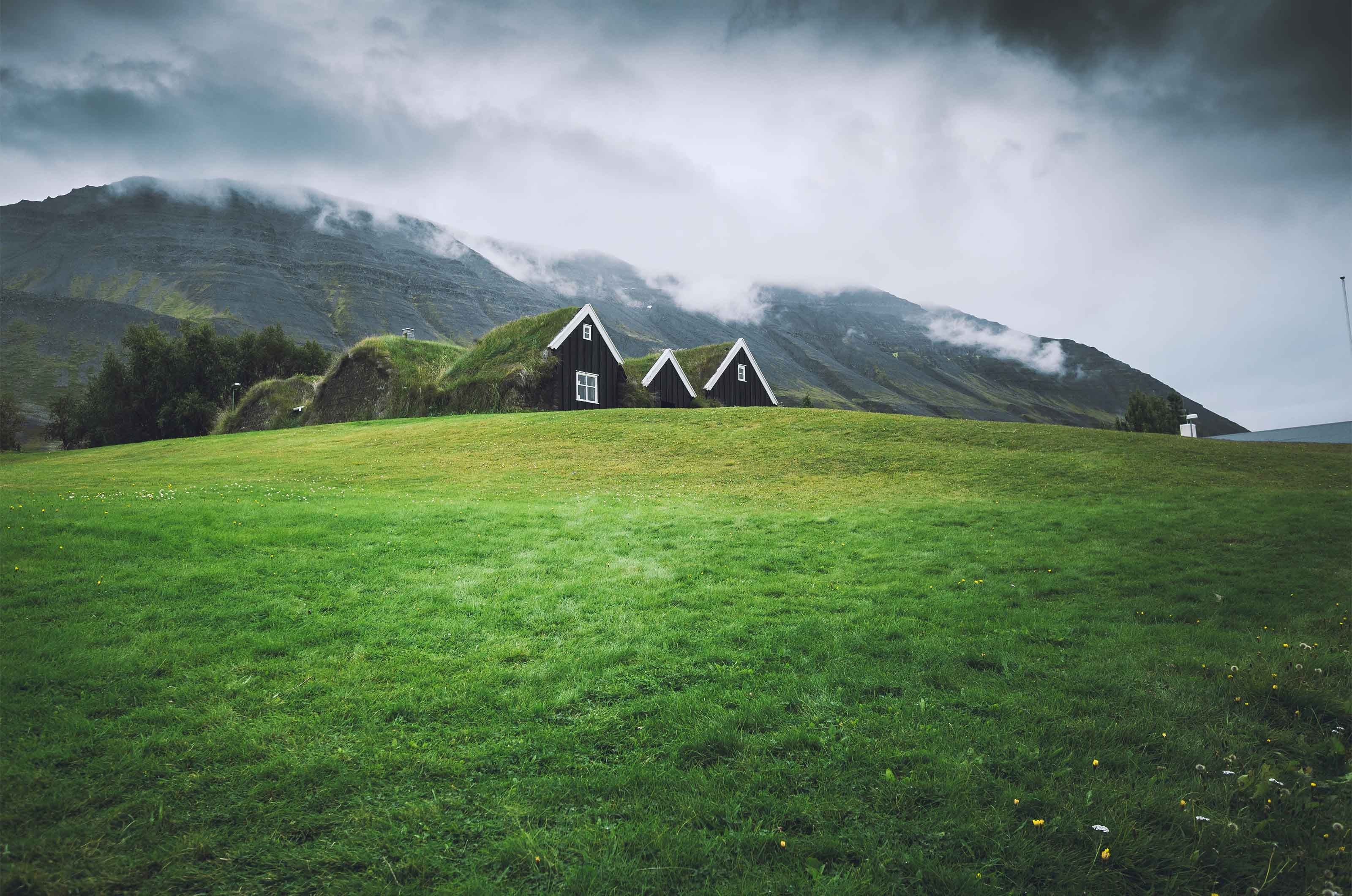 small houses in green field with dark sky Imagen de wirestock en Freepik